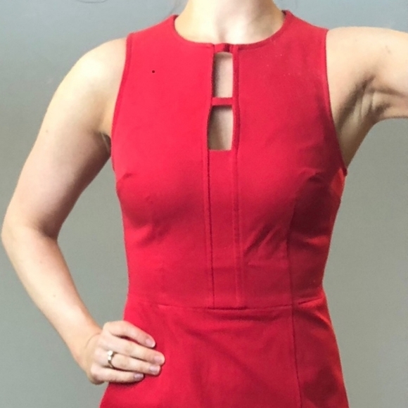 Banana Republic Red Orange Bodycon Dress Midi Slit Keyhole Stretch Fitted Work 2 - Picture 1 of 10